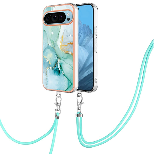 For Google Pixel 9 / 9 Pro Electroplating Marble Dual-side IMD Phone Case with Lanyard(Green 003) - Google Cases by buy2fix | Online Shopping UK | buy2fix