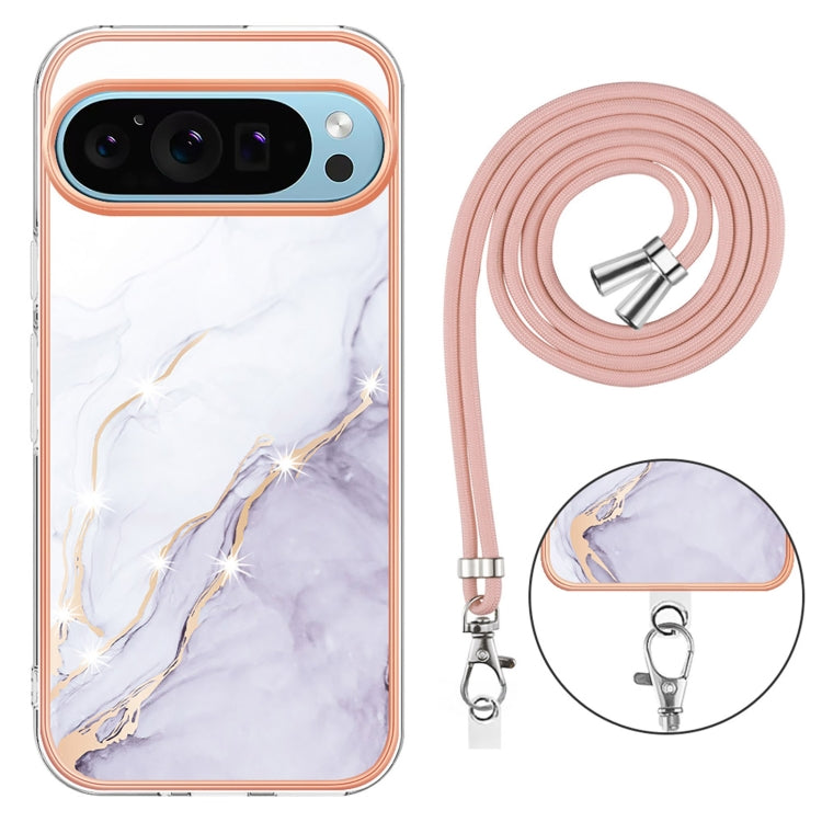 For Google Pixel 9 / 9 Pro Electroplating Marble Dual-side IMD Phone Case with Lanyard(White 006) - Google Cases by buy2fix | Online Shopping UK | buy2fix