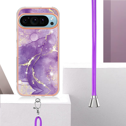 For Google Pixel 9 Pro XL Electroplating Marble Dual-side IMD Phone Case with Lanyard(Purple 002) - Google Cases by buy2fix | Online Shopping UK | buy2fix