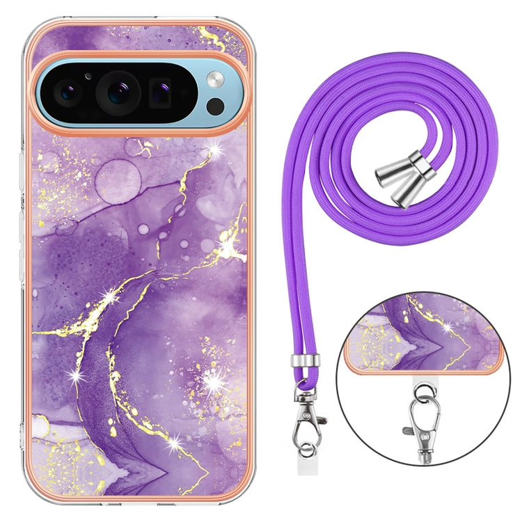 For Google Pixel 9 Pro XL Electroplating Marble Dual-side IMD Phone Case with Lanyard(Purple 002) - Google Cases by buy2fix | Online Shopping UK | buy2fix