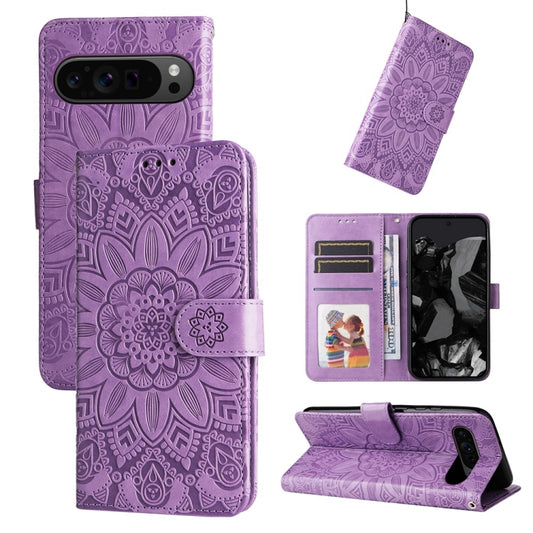 For Google Pixel 9 Pro Embossed Sunflower Leather Phone Case(Purple) - Google Cases by buy2fix | Online Shopping UK | buy2fix