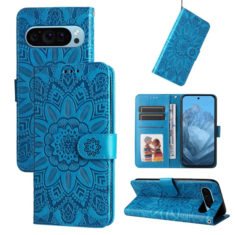 For Google Pixel 9 Embossed Sunflower Leather Phone Case(Blue) - Google Cases by buy2fix | Online Shopping UK | buy2fix