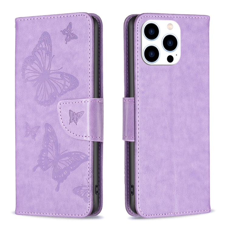 For iPhone 16 Pro Embossing Two Butterflies Pattern Leather Phone Case(Purple) - iPhone 16 Pro Cases by buy2fix | Online Shopping UK | buy2fix