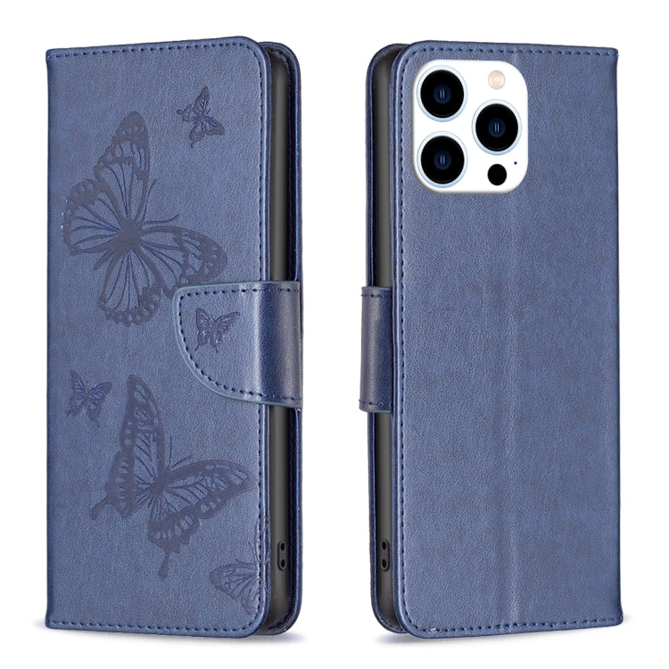 For iPhone 16 Pro Embossing Two Butterflies Pattern Leather Phone Case(Blue) - iPhone 16 Pro Cases by buy2fix | Online Shopping UK | buy2fix