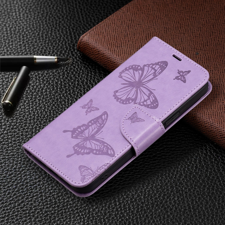 For iPhone 16 Embossing Two Butterflies Pattern Leather Phone Case(Purple) - iPhone 16 Cases by buy2fix | Online Shopping UK | buy2fix