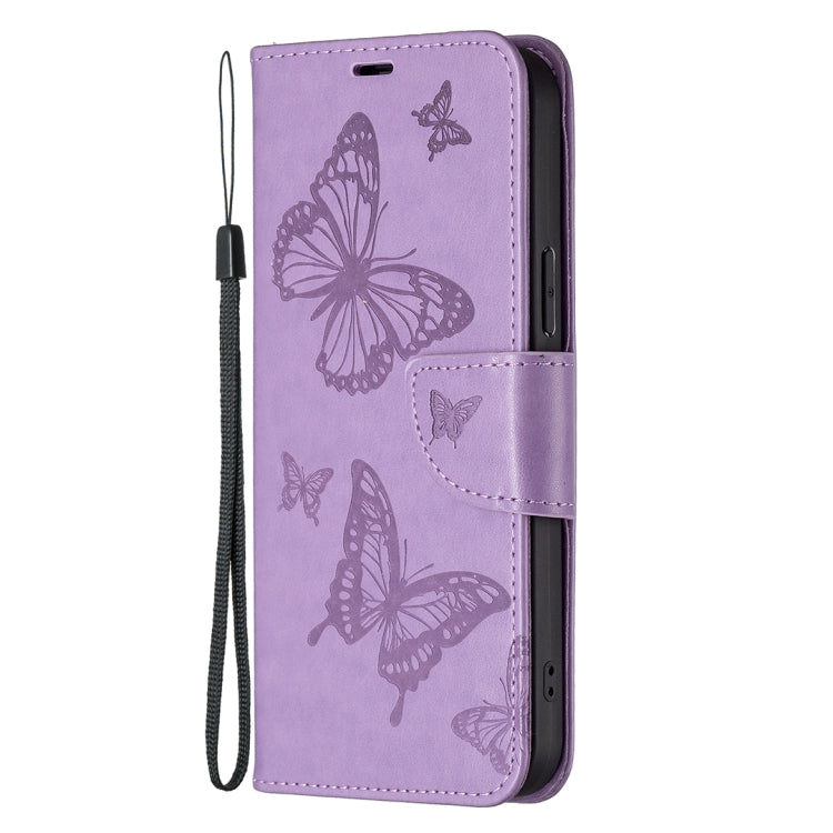 For iPhone 16 Embossing Two Butterflies Pattern Leather Phone Case(Purple) - iPhone 16 Cases by buy2fix | Online Shopping UK | buy2fix