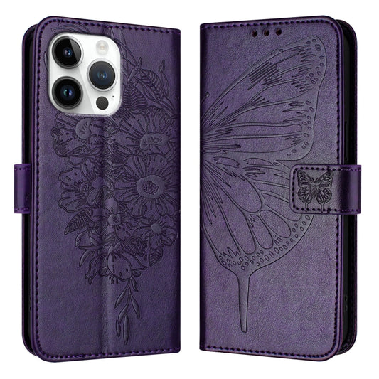 For iPhone 16 Pro Max Embossed Butterfly Leather Phone Case(Dark Purple) - iPhone 16 Pro Max Cases by buy2fix | Online Shopping UK | buy2fix