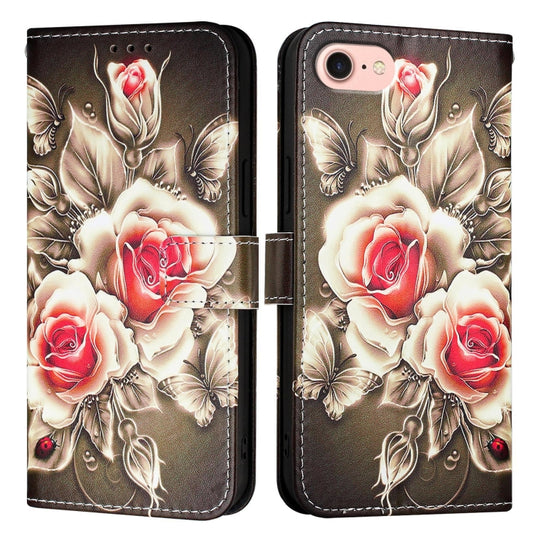 For iPhone SE 2024 Colored Drawing Pattern Plain Weave Leather Phone Case(Roses On Black) - More iPhone Cases by buy2fix | Online Shopping UK | buy2fix