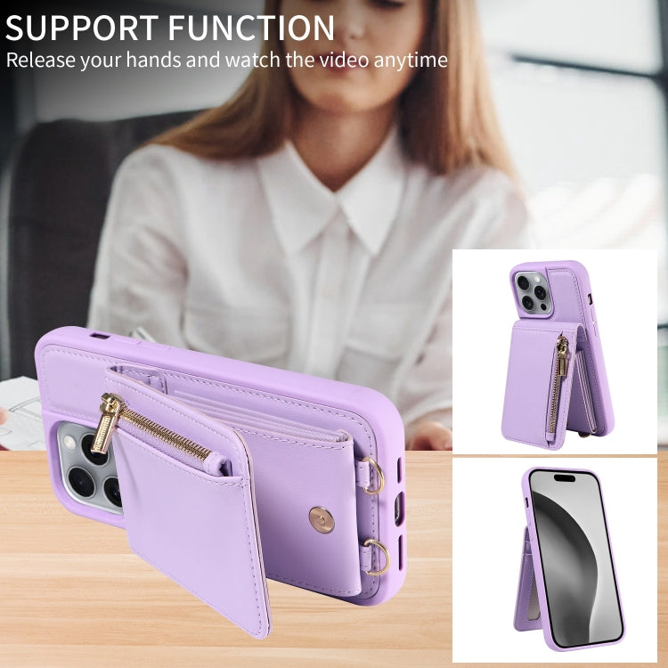 For iPhone 16 Pro Max Crossbody Lanyard Zipper Wallet Leather Phone Case(Purple) - iPhone 16 Pro Max Cases by buy2fix | Online Shopping UK | buy2fix