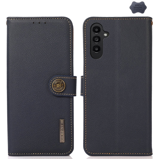 For Samsung Galaxy A15 KHAZNEH Custer Genuine Leather RFID Phone Case(Blue) - Galaxy Phone Cases by buy2fix | Online Shopping UK | buy2fix