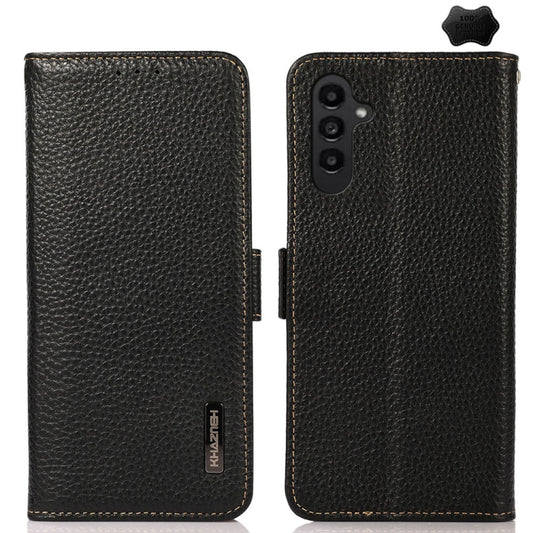 For Samsung Galaxy A15 KHAZNEH Side-Magnetic Litchi Genuine Leather RFID Phone Case(Black) - Galaxy Phone Cases by buy2fix | Online Shopping UK | buy2fix