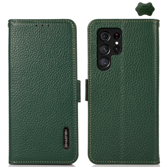 For Samsung Galaxy S24 Ultra KHAZNEH Side-Magnetic Litchi Genuine Leather RFID Phone Case(Green) - Galaxy Phone Cases by buy2fix | Online Shopping UK | buy2fix