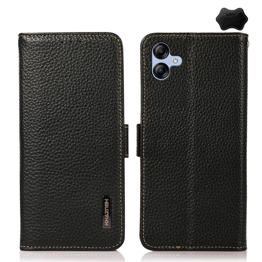 For Samsung Galaxy A05 KHAZNEH Side-Magnetic Litchi Genuine Leather RFID Phone Case(Black) - Galaxy Phone Cases by buy2fix | Online Shopping UK | buy2fix