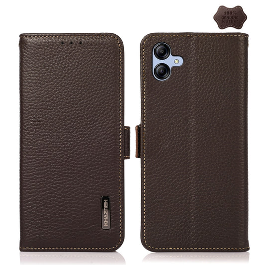 For Samsung Galaxy A05 KHAZNEH Side-Magnetic Litchi Genuine Leather RFID Phone Case(Brown) - Galaxy Phone Cases by buy2fix | Online Shopping UK | buy2fix