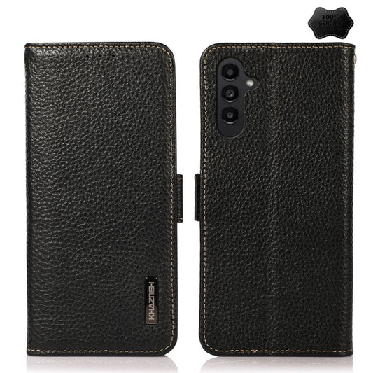 For Samsung Galaxy A05s KHAZNEH Side-Magnetic Litchi Genuine Leather RFID Phone Case(Black) - Galaxy Phone Cases by buy2fix | Online Shopping UK | buy2fix