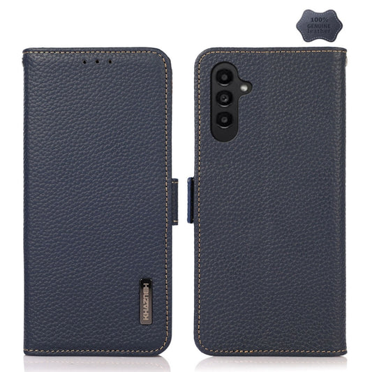 For Samsung Galaxy A05s KHAZNEH Side-Magnetic Litchi Genuine Leather RFID Phone Case(Blue) - Galaxy Phone Cases by buy2fix | Online Shopping UK | buy2fix