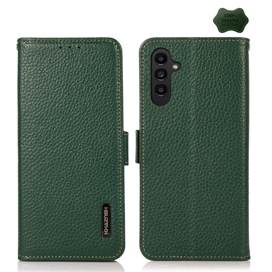 For Samsung Galaxy A05s KHAZNEH Side-Magnetic Litchi Genuine Leather RFID Phone Case(Green) - Galaxy Phone Cases by buy2fix | Online Shopping UK | buy2fix