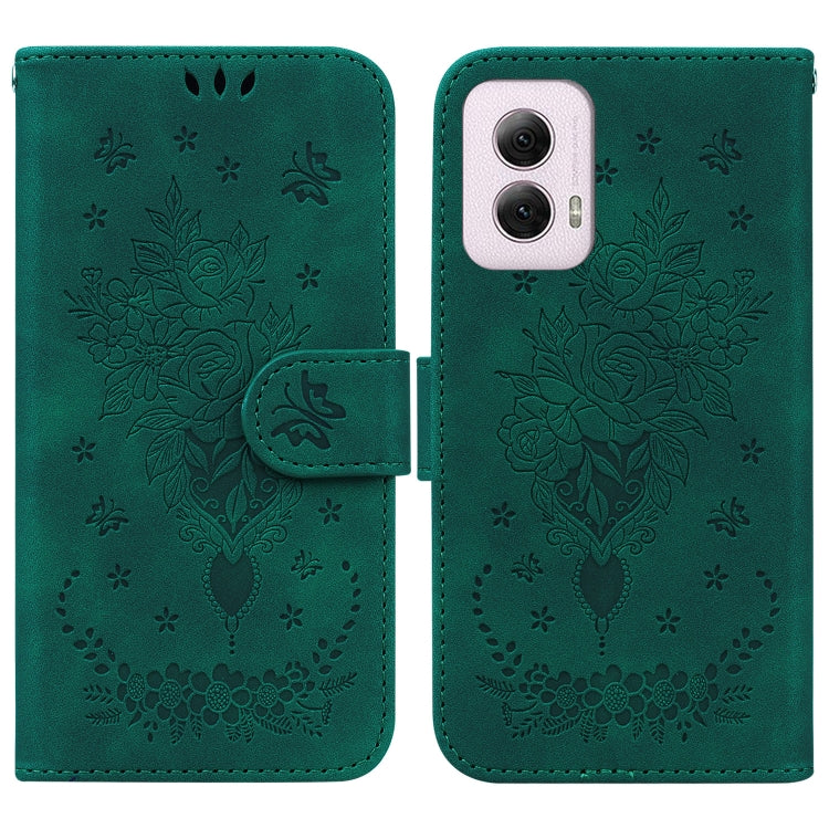 For Motorola Moto G Power 5G 2024 Butterfly Rose Embossed Leather Phone Case(Green) - Motorola Cases by buy2fix | Online Shopping UK | buy2fix