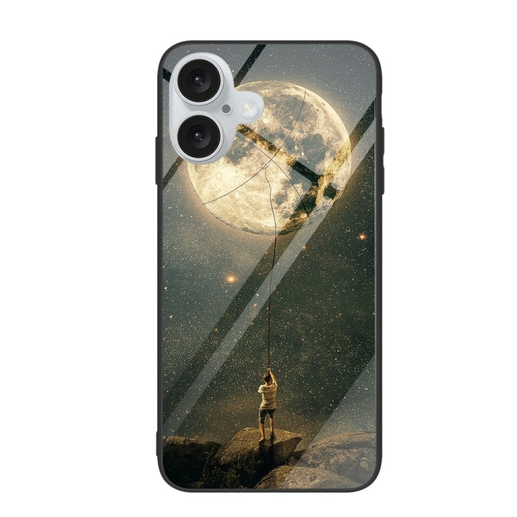 For iPhone 16 Plus Colorful Painted Glass Phone Case(Moon) - iPhone 16 Plus Cases by buy2fix | Online Shopping UK | buy2fix