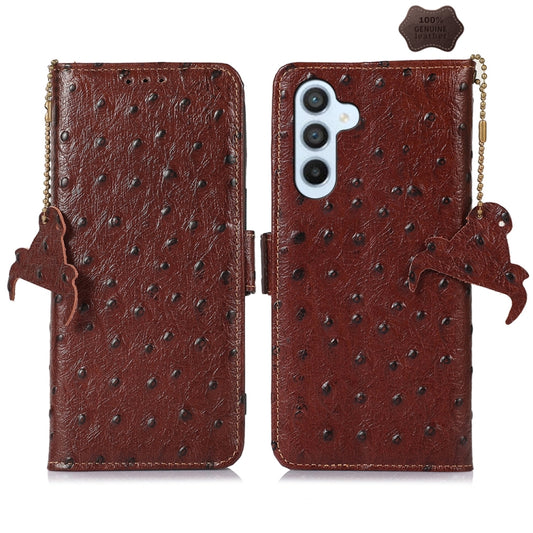 For Samsung Galaxy A35 5G Ostrich Pattern Genuine Leather RFID Phone Case(Coffee) - Galaxy Phone Cases by buy2fix | Online Shopping UK | buy2fix