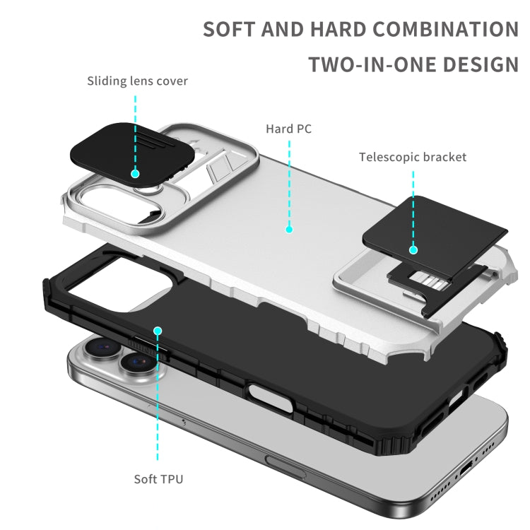 For iPhone 16 Plus Stereoscopic Holder Sliding Camshield Phone Case(White) - iPhone 16 Plus Cases by buy2fix | Online Shopping UK | buy2fix