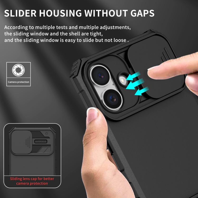 For iPhone 16 Stereoscopic Holder Sliding Camshield Phone Case(Black) - iPhone 16 Cases by buy2fix | Online Shopping UK | buy2fix