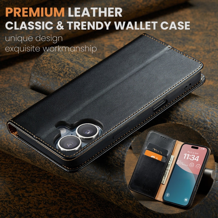 For iPhone 16 Fierre Shann PU Genuine Leather Texture Phone Case(Black) - iPhone 16 Cases by FIERRE SHANN | Online Shopping UK | buy2fix