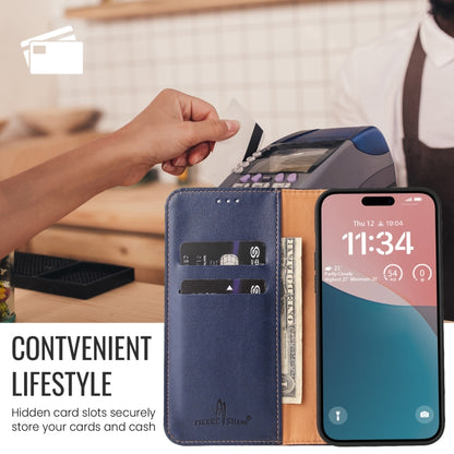 For iPhone 16 Plus Fierre Shann PU Genuine Leather Texture Phone Case(Blue) - iPhone 16 Plus Cases by FIERRE SHANN | Online Shopping UK | buy2fix