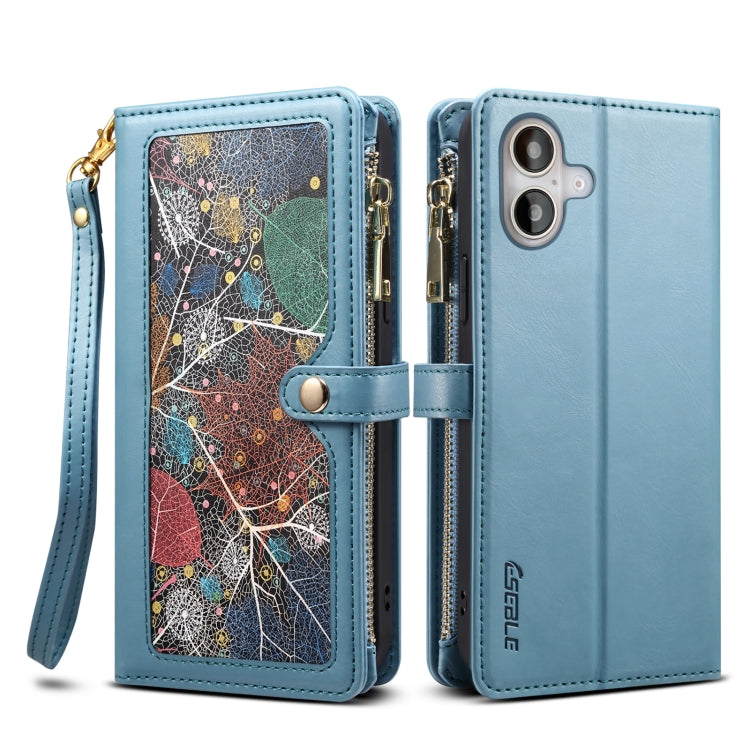 For iPhone 16 ESEBLE Star Series Lanyard Zipper Wallet RFID Leather Case(Blue) - iPhone 16 Cases by ESEBLE | Online Shopping UK | buy2fix