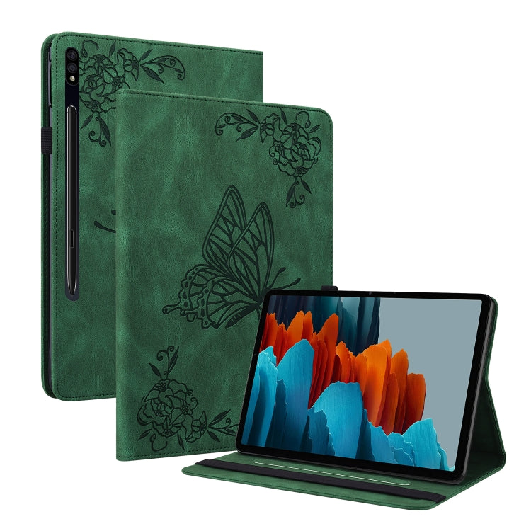 For Samsung Galaxy Tab S9 Butterfly Flower Embossed Leather Tablet Case(Green) - Galaxy Tab S9 Cases by buy2fix | Online Shopping UK | buy2fix