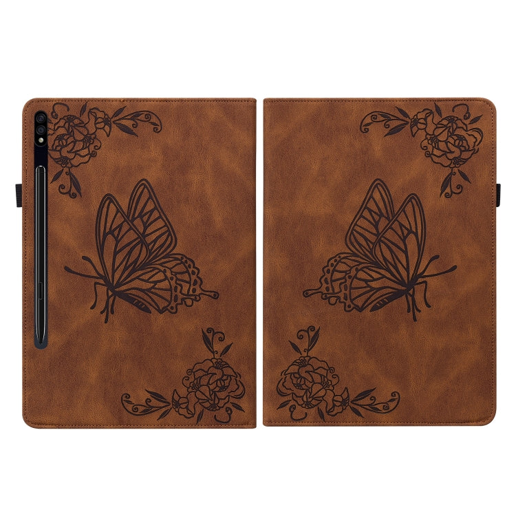 For Samsung Galaxy Tab S9 Butterfly Flower Embossed Leather Tablet Case(Brown) - Galaxy Tab S9 Cases by buy2fix | Online Shopping UK | buy2fix