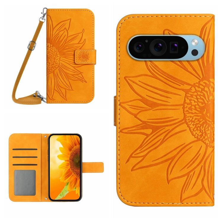 For Google Pixel 9 Pro Skin Feel Sun Flower Embossed Flip Leather Phone Case with Lanyard(Yellow) - Google Cases by buy2fix | Online Shopping UK | buy2fix