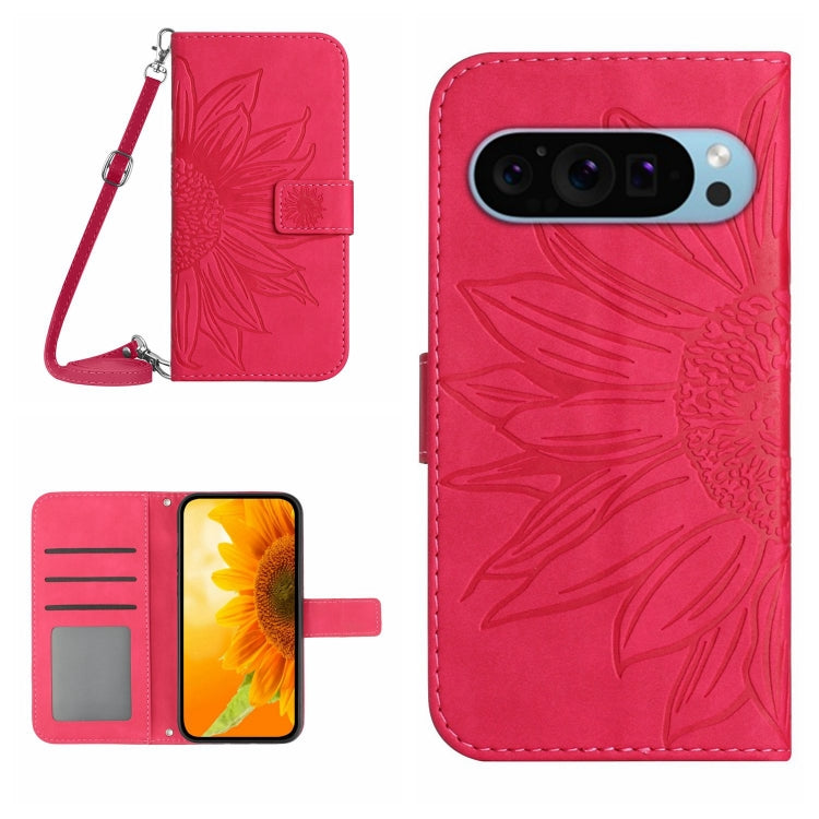 For Google Pixel 9 Skin Feel Sun Flower Embossed Flip Leather Phone Case with Lanyard(Rose Red) - Google Cases by buy2fix | Online Shopping UK | buy2fix