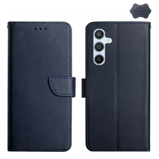 For Samsung Galaxy M34 5G HT02 Genuine Leather Fingerprint-proof Flip Phone Case(Blue) - Galaxy Phone Cases by buy2fix | Online Shopping UK | buy2fix