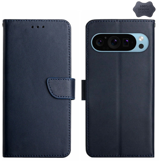 For Google Pixel 9 HT02 Genuine Leather Fingerprint-proof Flip Phone Case(Blue) - Google Cases by buy2fix | Online Shopping UK | buy2fix