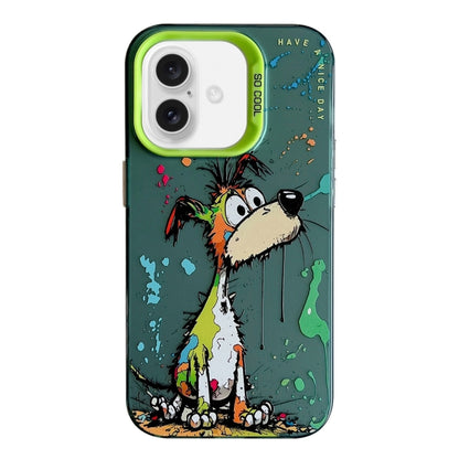 For iPhone 16 Animal Pattern Oil Painting Series PC + TPU Phone Case(Green Dog) - iPhone 16 Cases by buy2fix | Online Shopping UK | buy2fix