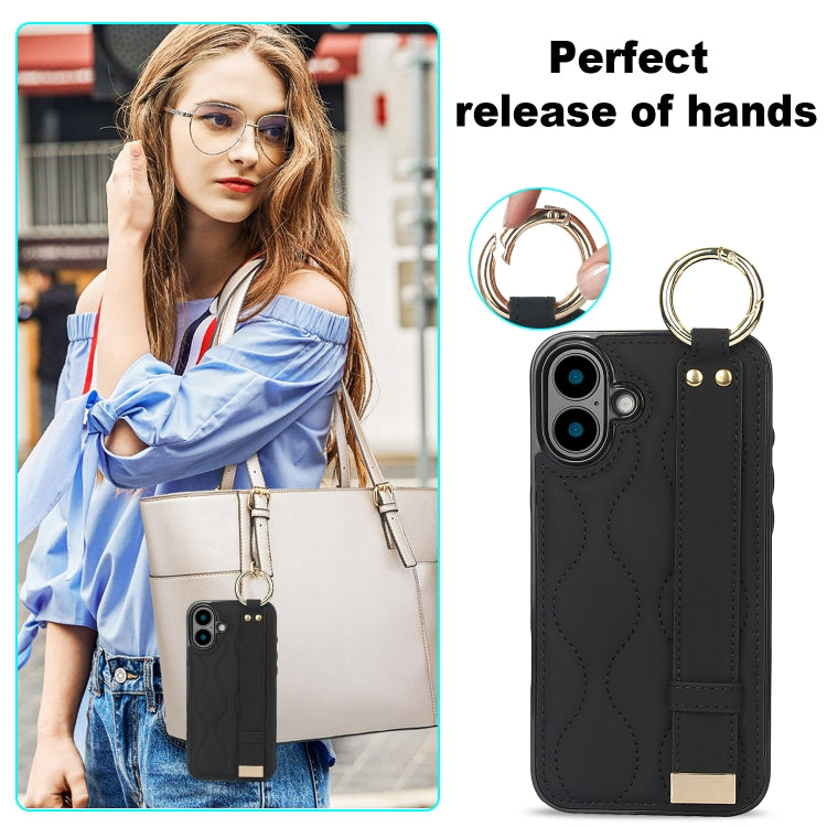 For iPhone 16 Plus Non-slip Full Coverage Ring PU Phone Case with Wristband(Black) - iPhone 16 Plus Cases by buy2fix | Online Shopping UK | buy2fix