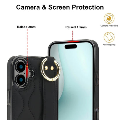 For iPhone 16 Non-slip Full Coverage Ring PU Phone Case with Wristband(Black) - iPhone 16 Cases by buy2fix | Online Shopping UK | buy2fix