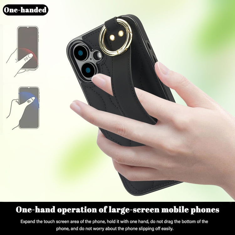 For iPhone 16 Non-slip Full Coverage Ring PU Phone Case with Wristband(Black) - iPhone 16 Cases by buy2fix | Online Shopping UK | buy2fix