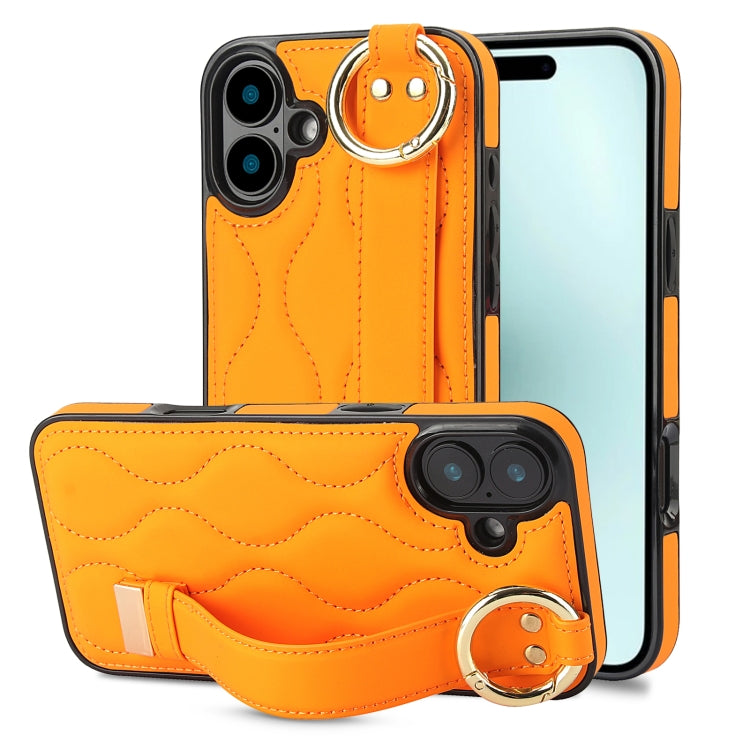 For iPhone 16 Non-slip Full Coverage Ring PU Phone Case with Wristband(Orange) - iPhone 16 Cases by buy2fix | Online Shopping UK | buy2fix