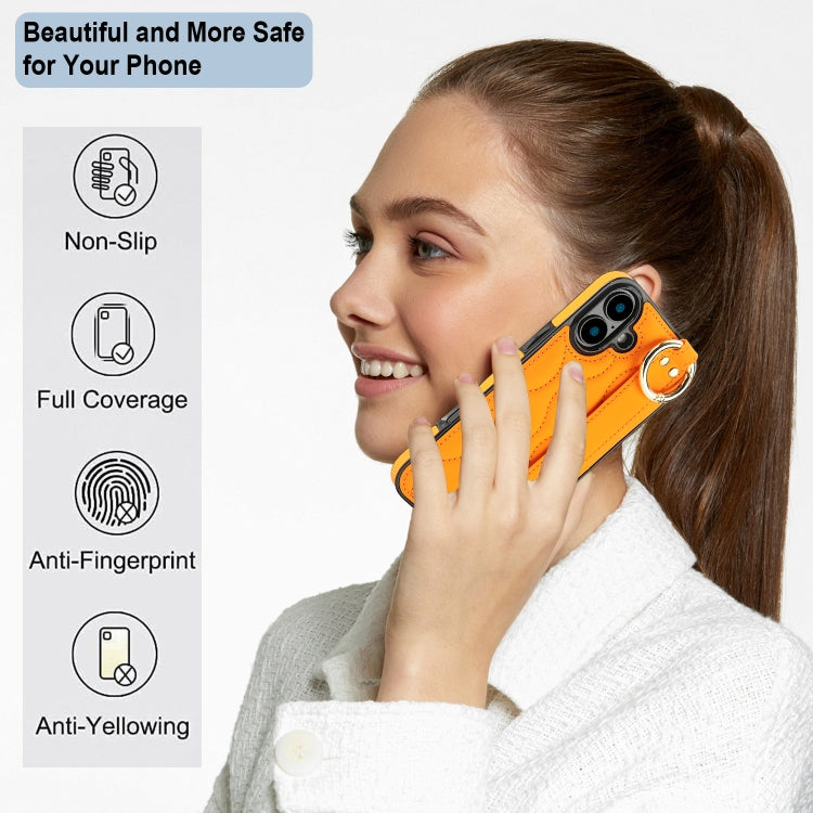 For iPhone 16 Non-slip Full Coverage Ring PU Phone Case with Wristband(Orange) - iPhone 16 Cases by buy2fix | Online Shopping UK | buy2fix