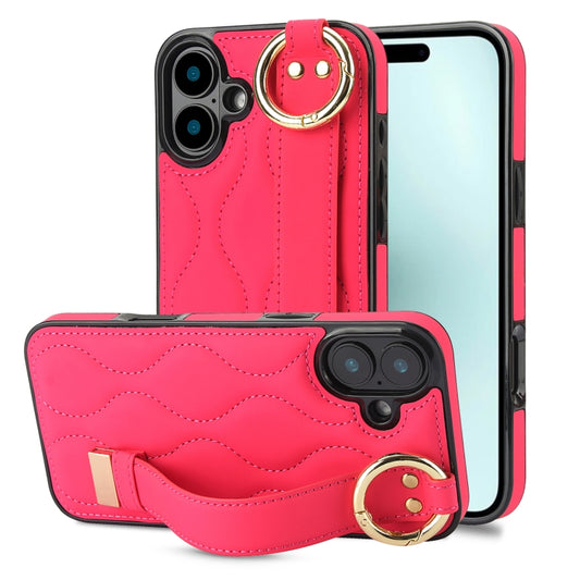 For iPhone 16 Non-slip Full Coverage Ring PU Phone Case with Wristband(Rose Red) - iPhone 16 Cases by buy2fix | Online Shopping UK | buy2fix