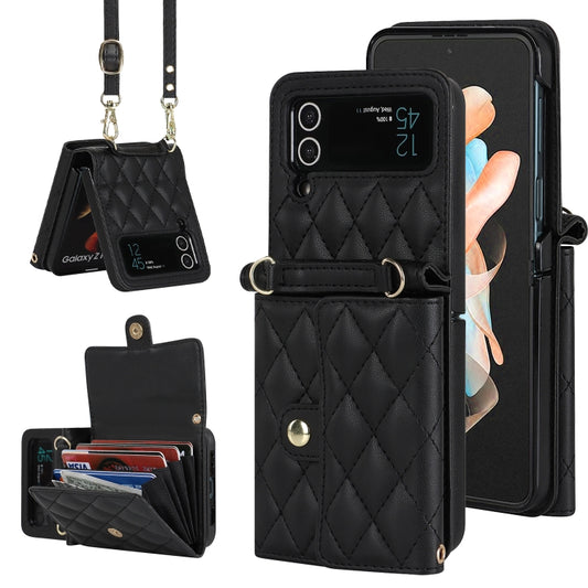 For Samsung Galaxy Z Flip3 Rhombic Texture Card Bag PU Phone Case with Long Lanyard(Black) - Galaxy Phone Cases by buy2fix | Online Shopping UK | buy2fix