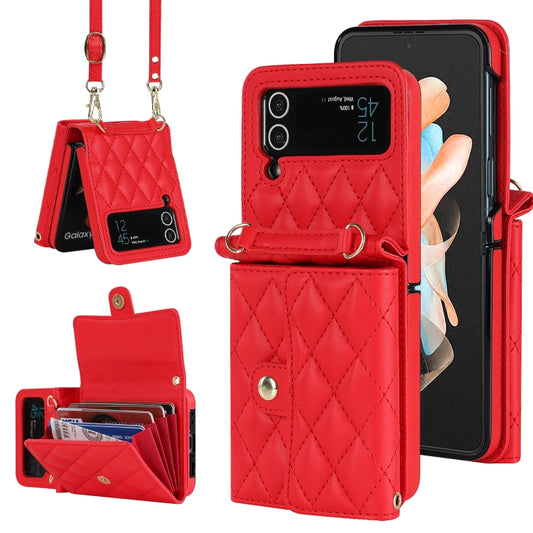 For Samsung Galaxy Z Flip3 Rhombic Texture Card Bag PU Phone Case with Long Lanyard(Red) - Galaxy Phone Cases by buy2fix | Online Shopping UK | buy2fix