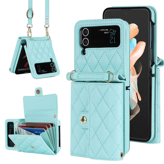 For Samsung Galaxy Z Flip3 Rhombic Texture Card Bag PU Phone Case with Long Lanyard(Mint Green) - Galaxy Phone Cases by buy2fix | Online Shopping UK | buy2fix