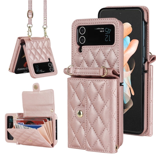 For Samsung Galaxy Z Flip3 Rhombic Texture Card Bag PU Phone Case with Long Lanyard(Rose Gold) - Galaxy Phone Cases by buy2fix | Online Shopping UK | buy2fix