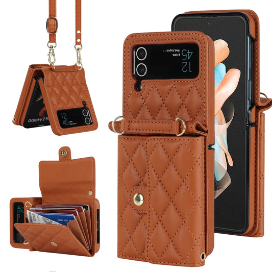 For Samsung Galaxy Z Flip3 Rhombic Texture Card Bag PU Phone Case with Long Lanyard(Brown) - Galaxy Phone Cases by buy2fix | Online Shopping UK | buy2fix