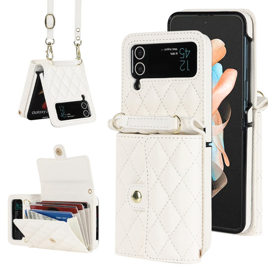 For Samsung Galaxy Z Flip3 Rhombic Texture Card Bag PU Phone Case with Long Lanyard(White) - Galaxy Phone Cases by buy2fix | Online Shopping UK | buy2fix