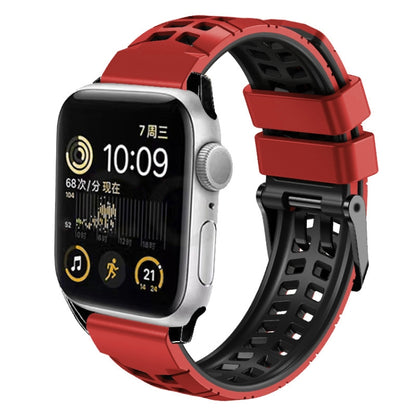 For Apple Watch Series 6 44mm Twill Dual-row Buckle Silicone Watch Band(Red Black) - Watch Bands by buy2fix | Online Shopping UK | buy2fix