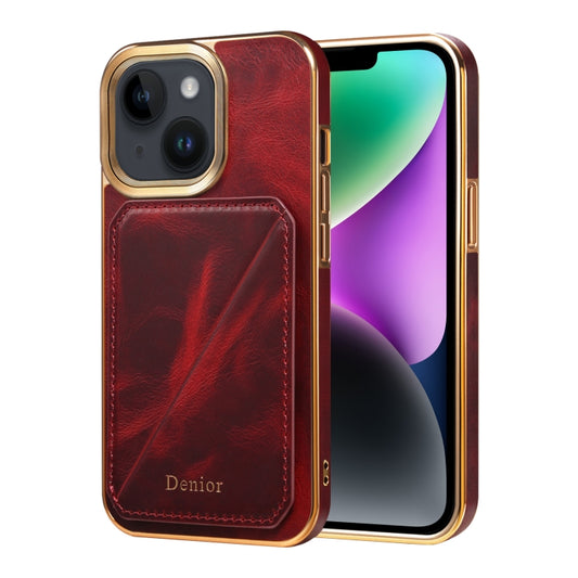 For iPhone 14 Denior Oil Wax Leather Electroplating Card Slot Holder Phone Case(Red) - iPhone 14 Cases by Denior | Online Shopping UK | buy2fix